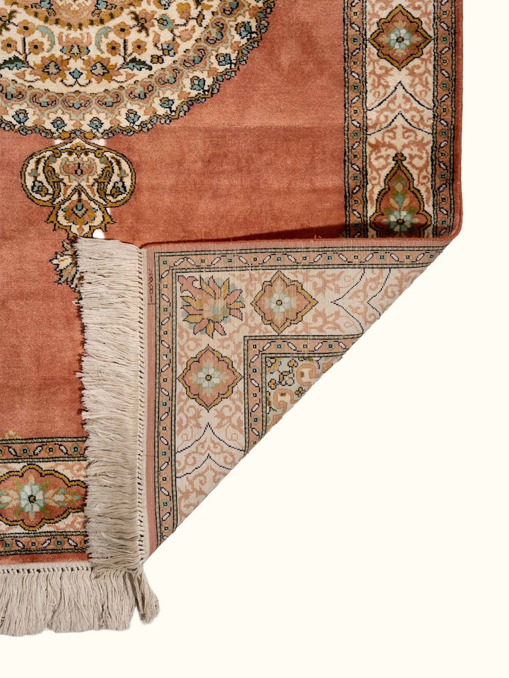 Back view of Traditional Persian Rust Opan Kashmir Silk Hand-Knotted Carpet showing the reverse weave