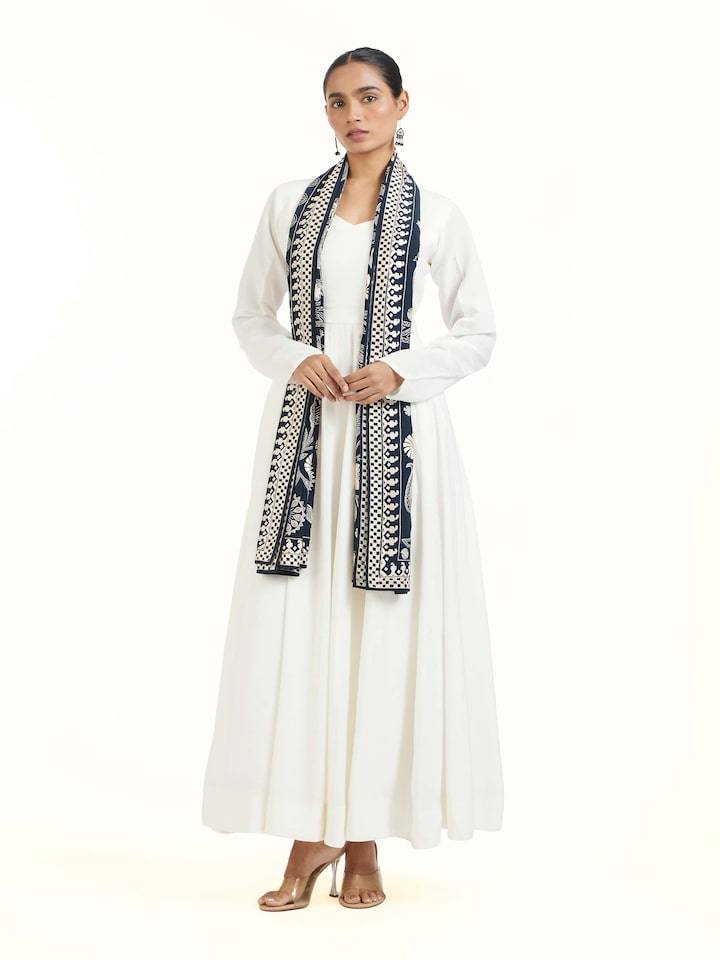 Side view of Whiskey Blue Aari Hand Embroidered Stole highlighting the detailed craftsmanship and elegant silhouette
