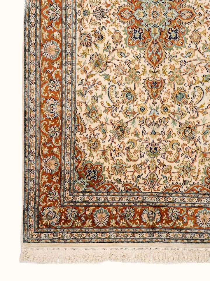 Traditional Persian Ivory Kashan Kashmir Silk Hand-Knotted Carpet