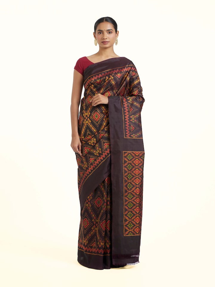 Front view of Brown Pochampally Combodia Ikat Silk Saree showcasing its traditional craftsmanship and design
