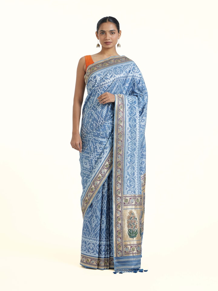 Front view of Indigo Ashavali Brocade Silk Saree showcasing its traditional craftsmanship and design