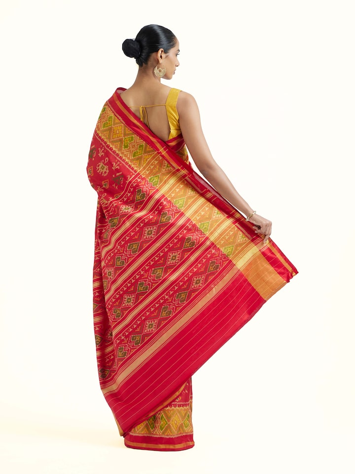 Back view of Rajkot Patola Ikat Saree emphasizing the overall design and fine details
