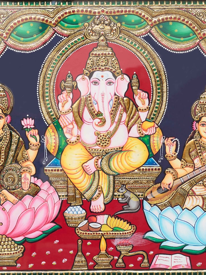 Close-up detail of the Lakshmi Ganesh Saraswathi Thanjavur Painting