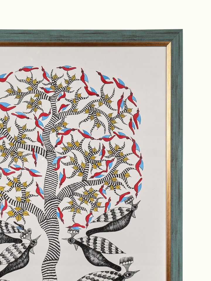 Detail view of the Birds Under Tree Gond Art