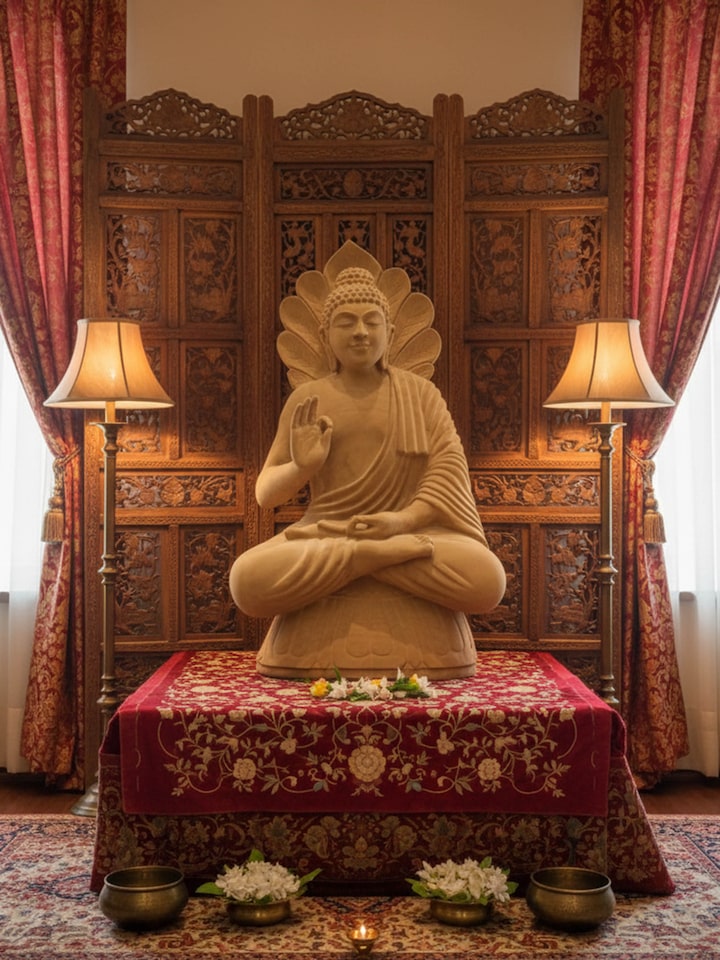 Lifestyle view of Stone Carved Buddha Blessing Idol