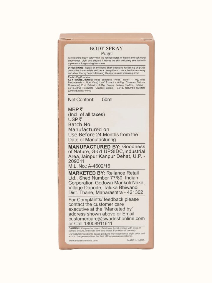Back view of Body Spray Neraya showing the back label with product information