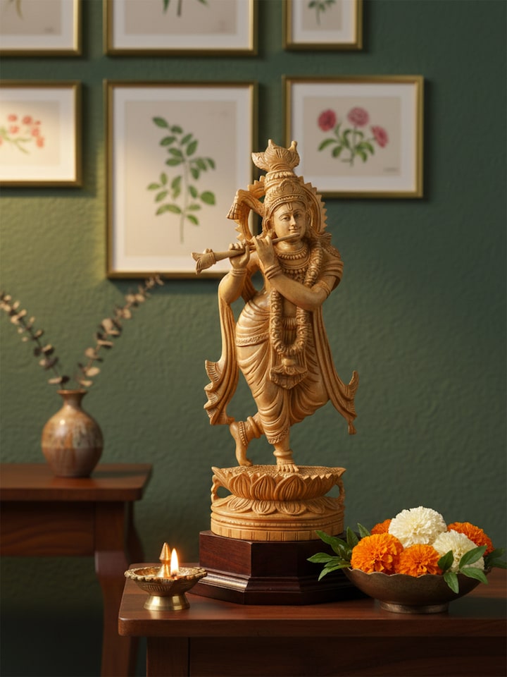 Left-side view of the Wood Carved Krishna Flute Idol