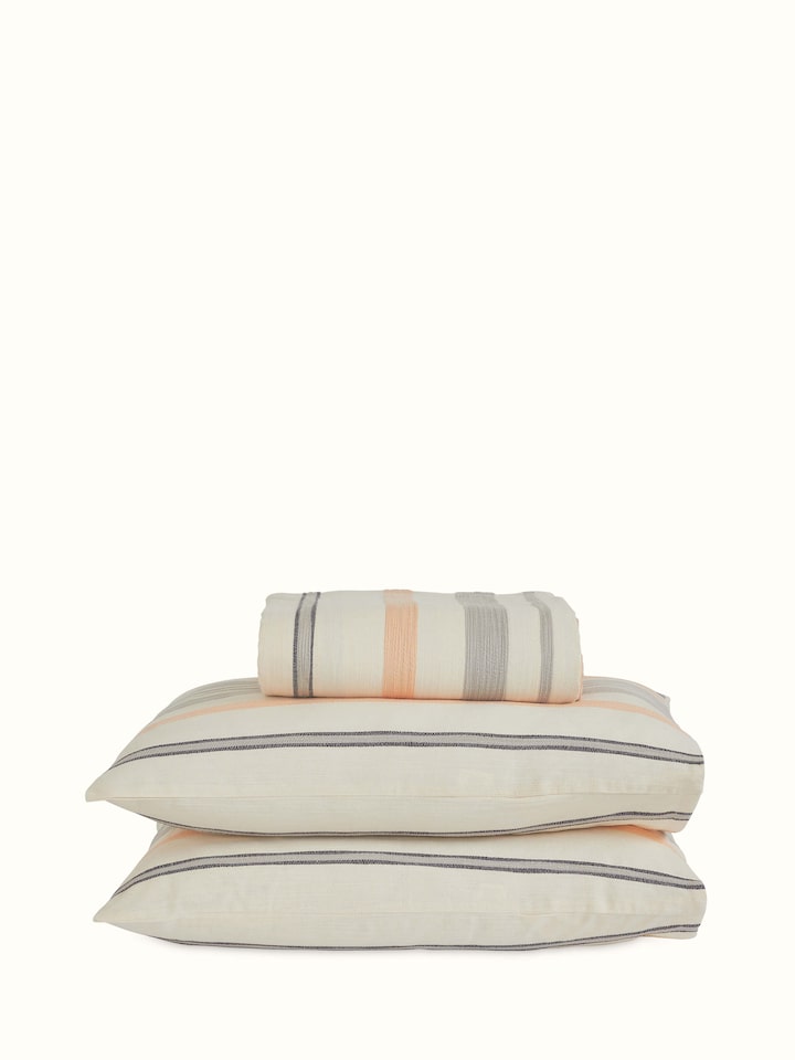 Front view of Neerja Grey Stripe Handloom Bedspread Set in king size, crafted from breathable cotton.