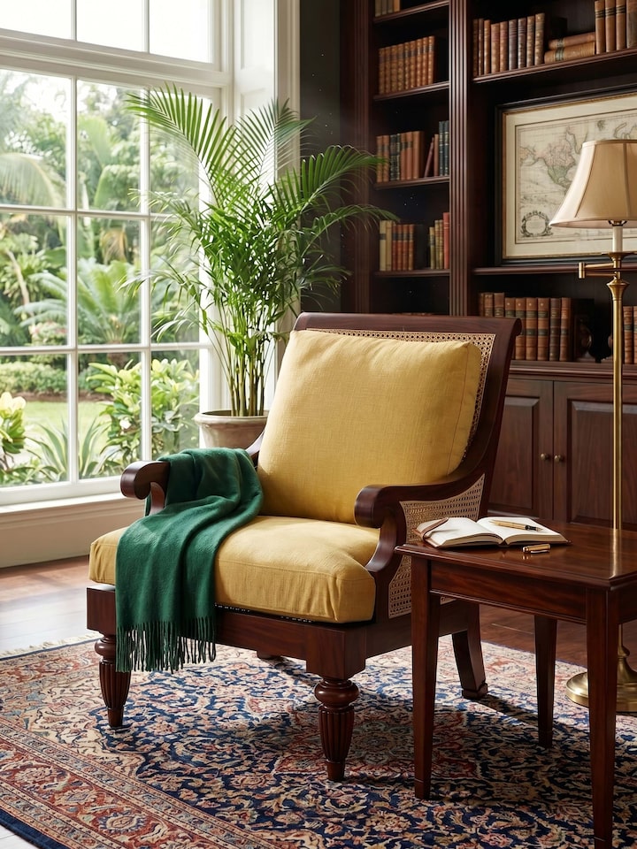 Upholstered Mahogany Wood & Cane Armchair