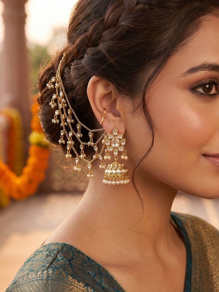 Styled view of Silver Smithing Gold Plated Ear Chain worn on the ear, showing how it looks styled