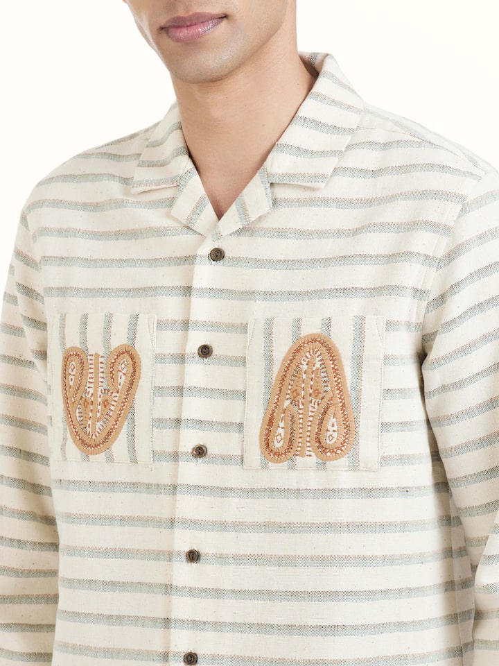 Detailed view of Ivory Kutchi Embroidered Shirt focusing on the fine craftsmanship and texture