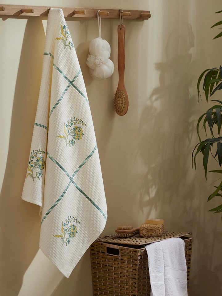 Full layout of Yellow Floral Cotton Towel in large size, showcasing elegant hand-printed motifs.