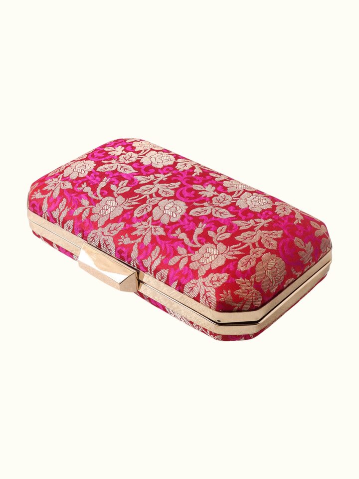 Close-up view of Pink Banarasi Silk Box Clutch highlighting the fabric weave and craftsmanship