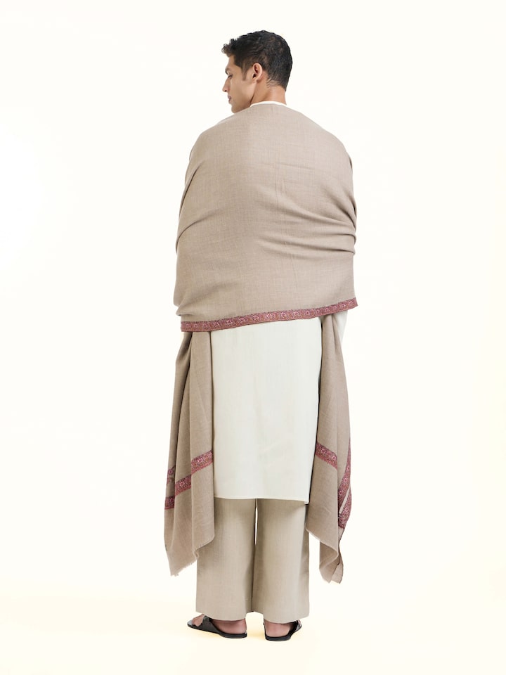 Back view of Brown Sozni Hand Embroidered Shawl emphasizing the overall design and fine details