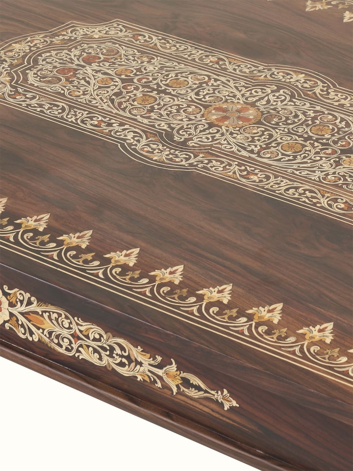 close-up view of rosewood inlay 6-seater dining table detailing