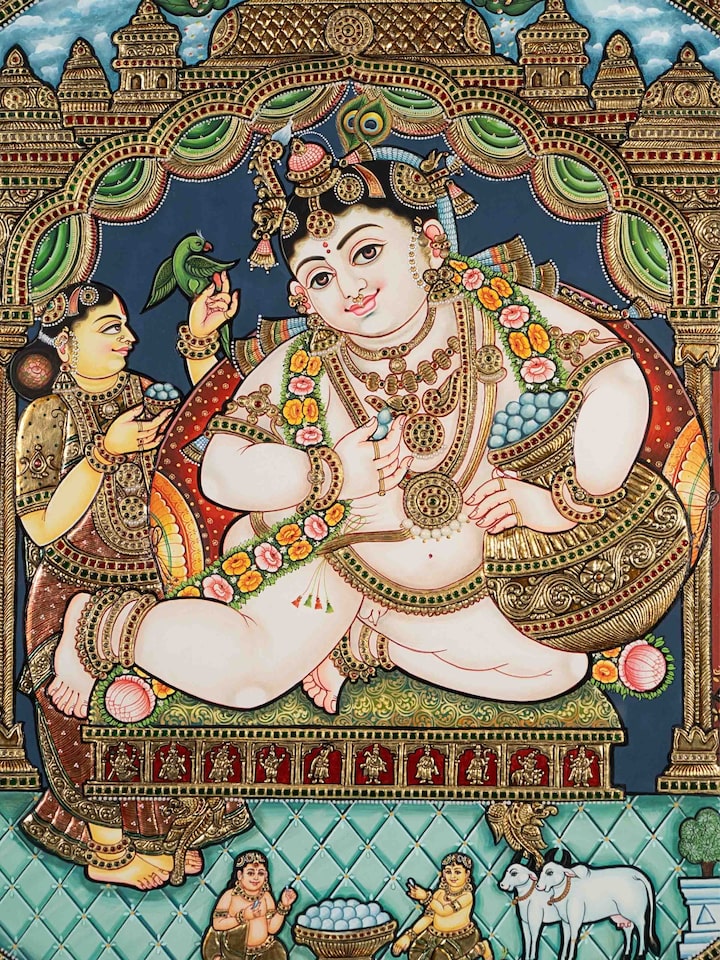 Front detail view of the Lord Krishna Life Events Thanjavur Painting
