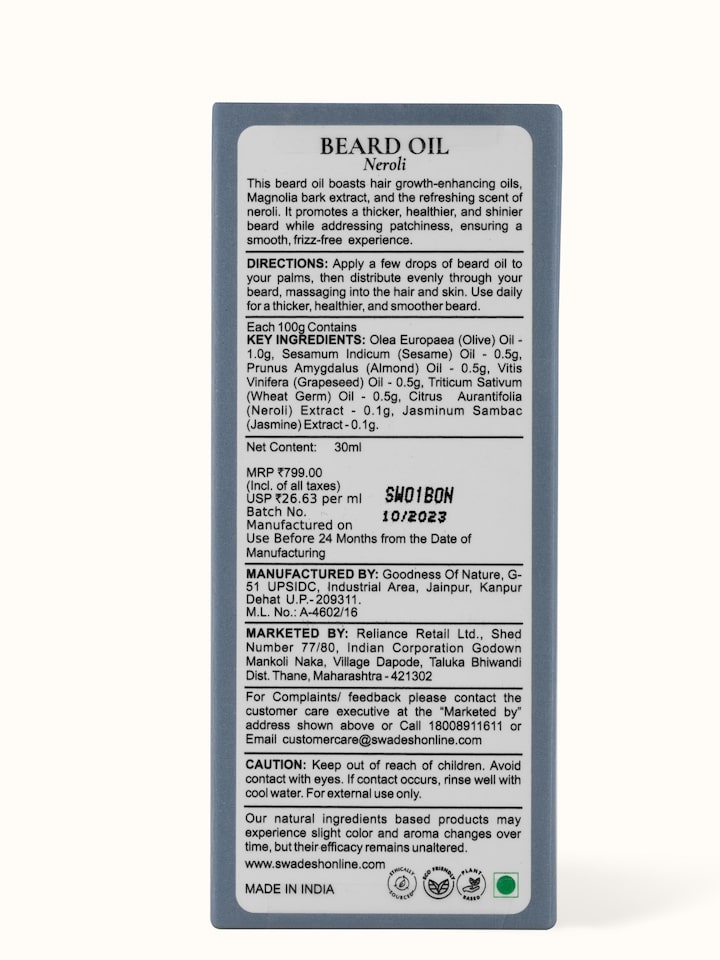 Detailed view of Beard Oil Neroli highlighting the oil texture and label information