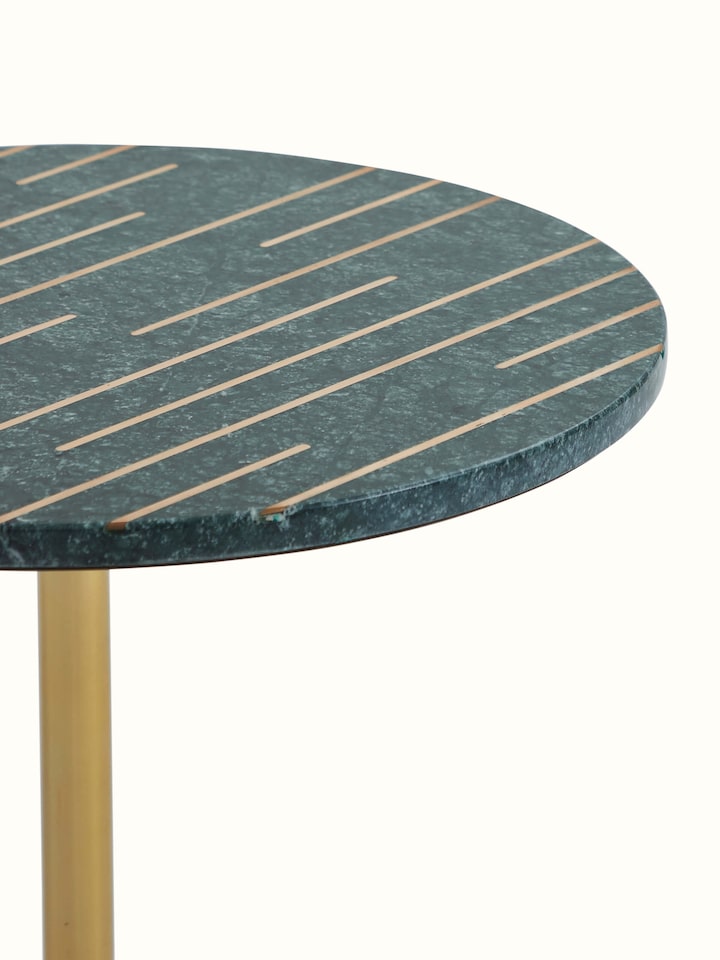 Detailed view of Brass Inlay Marble & Metal End & Side Table emphasizing fine craftsmanship and exquisite inlay patterns.