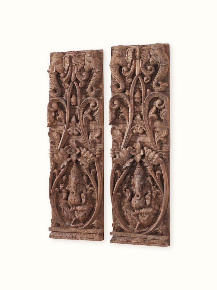 Angled view of the Wood Carved Ganesha Wall Panel (2 Pieces)
