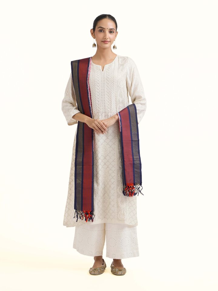 Front view of pink and blue silk ikat zari dupatta with vibrant patterns