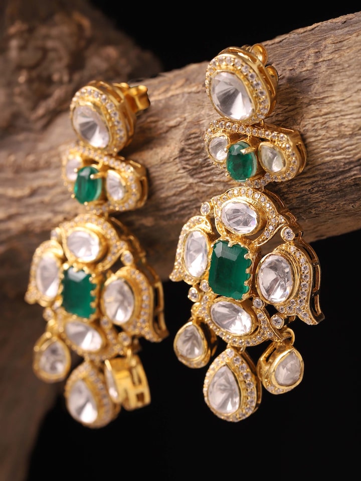 Side view of Dank Polki silver drop earrings