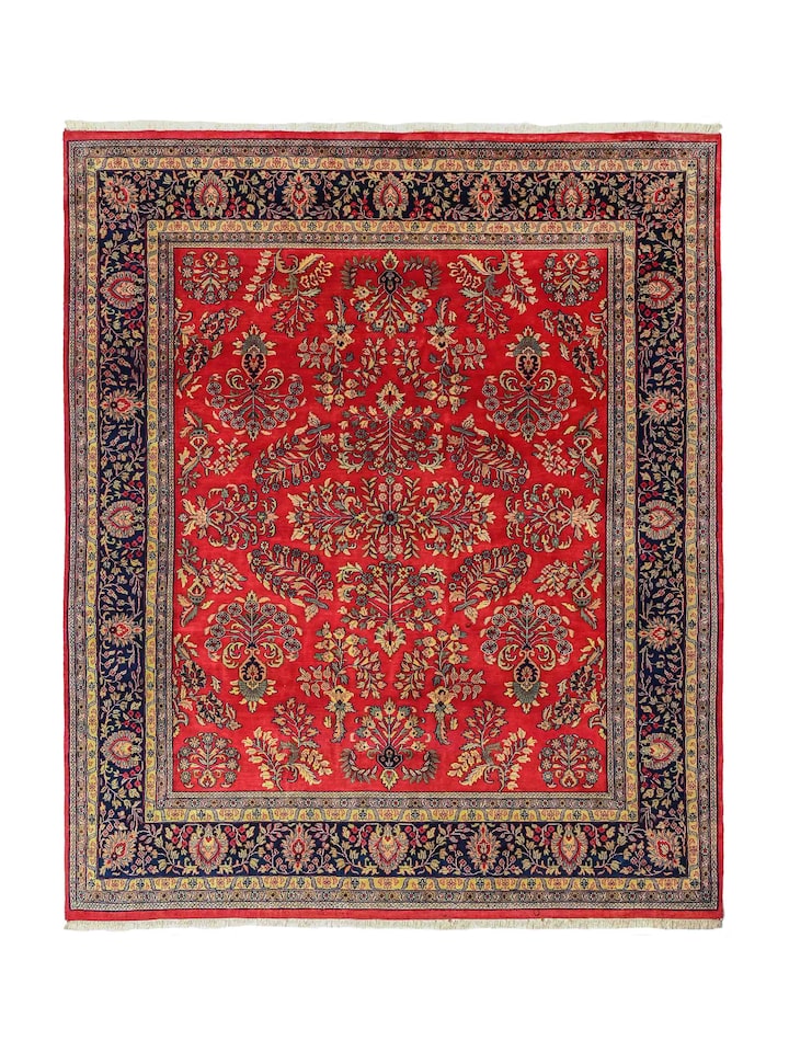 Traditional Sarouk Red Navy Bhadohi Wool Hand Knotted Rug