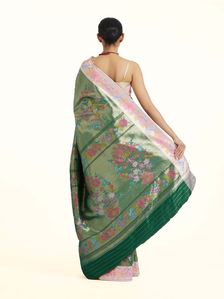 Back view of the Green Mulberry Silk Paithani Handloom Saree