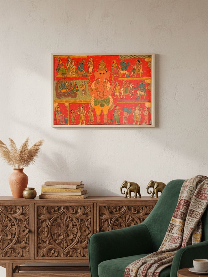 Side view of the Story of Ganesha Cheriyal Paintings