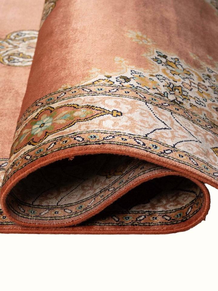 Detail view of Traditional Persian Rust Opan Kashmir Silk Hand-Knotted Carpet highlighting the intricate pattern and pile texture