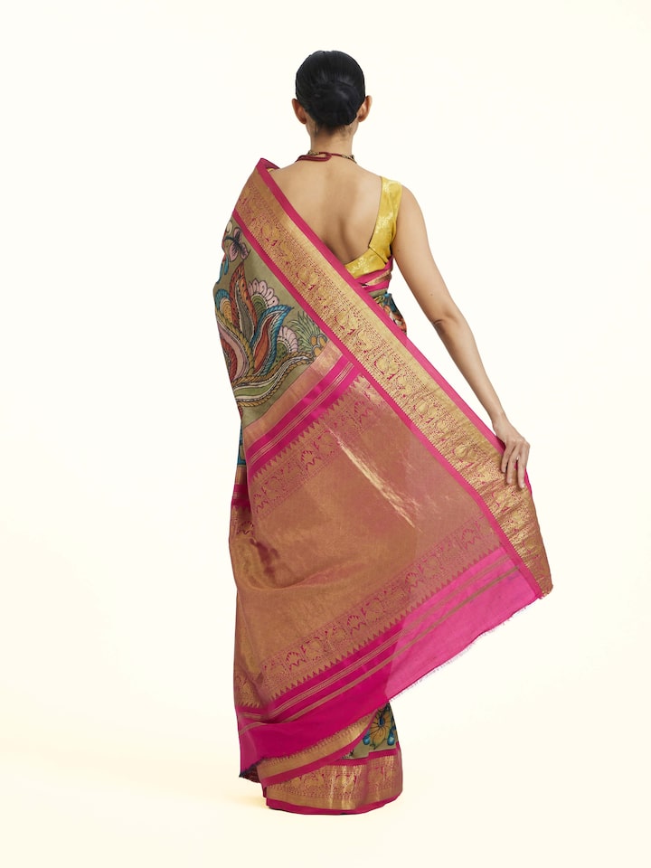Back view of Maroon Kalamkari Kancheepuram Saree emphasizing the overall design and fine details