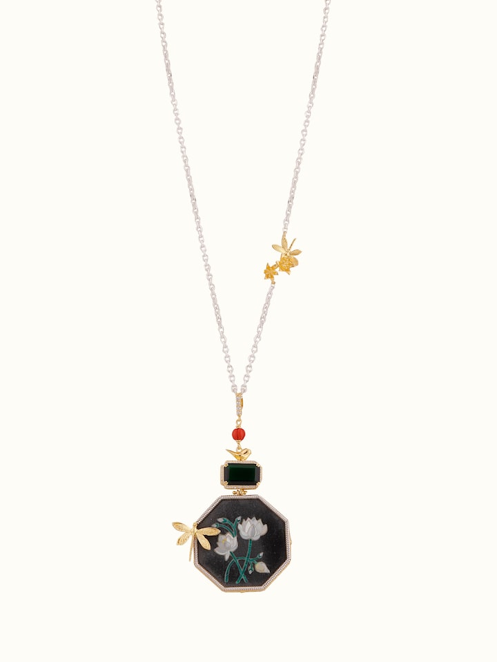 Front view of Parchinkari Silver Pendant & Chain showing detailed silverwork and intricate design