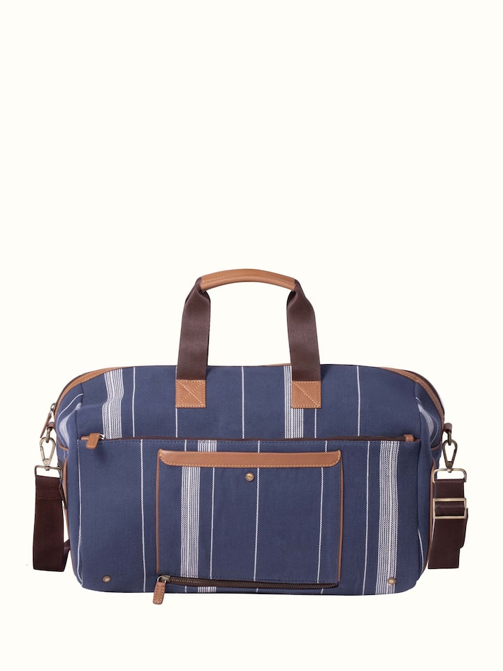 Overall view of Blue Handloom Cotton Duffle Bag displaying the complete design and craftsmanship