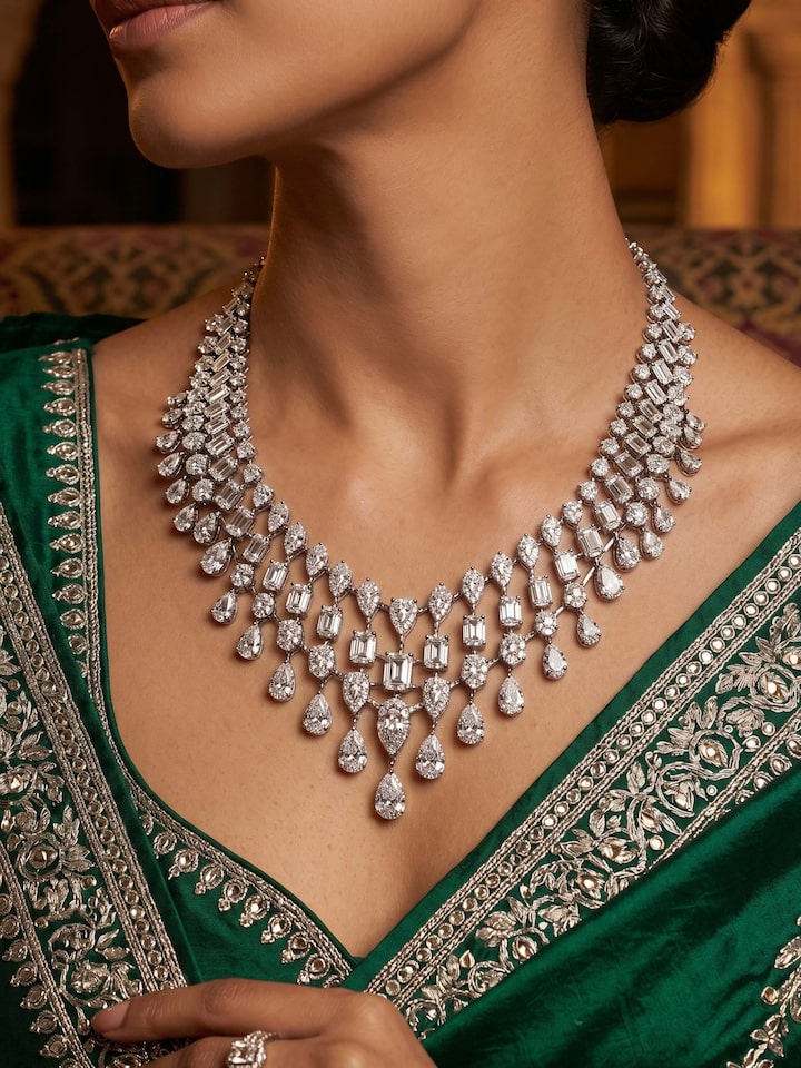 Styled view of Open Setting 18 Karat White Gold Necklace Set with Diamonds worn around the neck, showing how it looks styled
