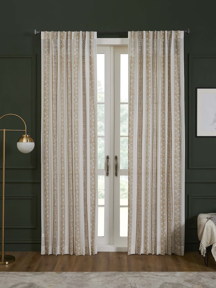 Saha Brown Floral Stripe Cotton Sanganeri Hand Block Printed Curtain (9 Ft)