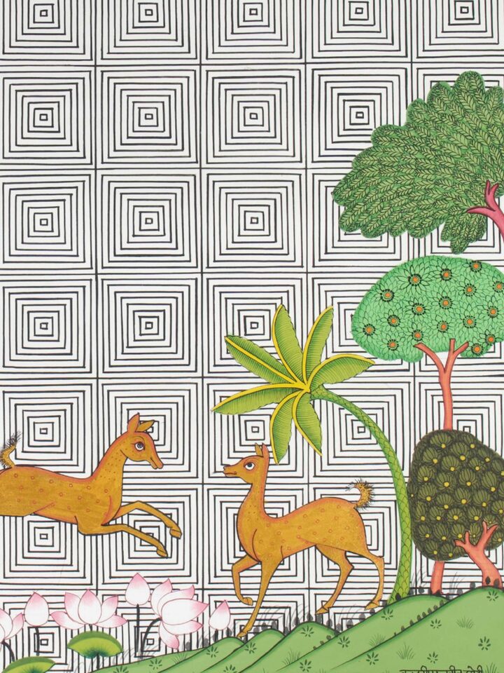Detail view of the Deers Pair Forest Illusion Pichwai Painting
