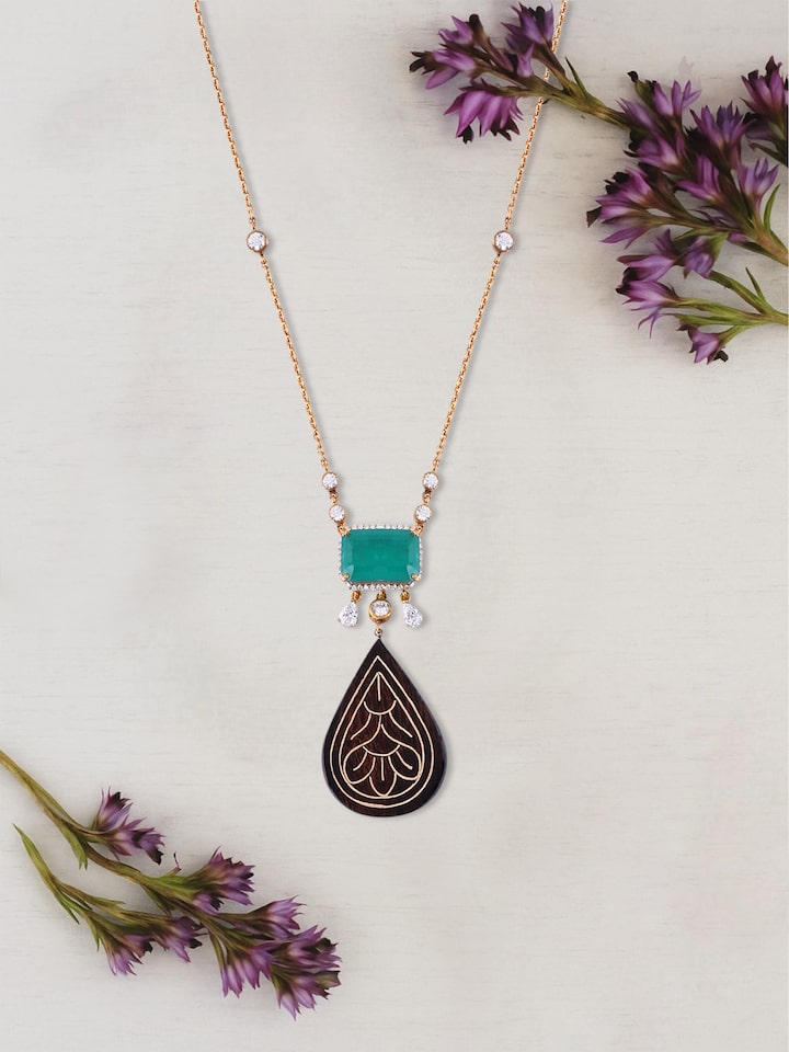 Lifestyle view of Tarkashi Silver Long Necklace