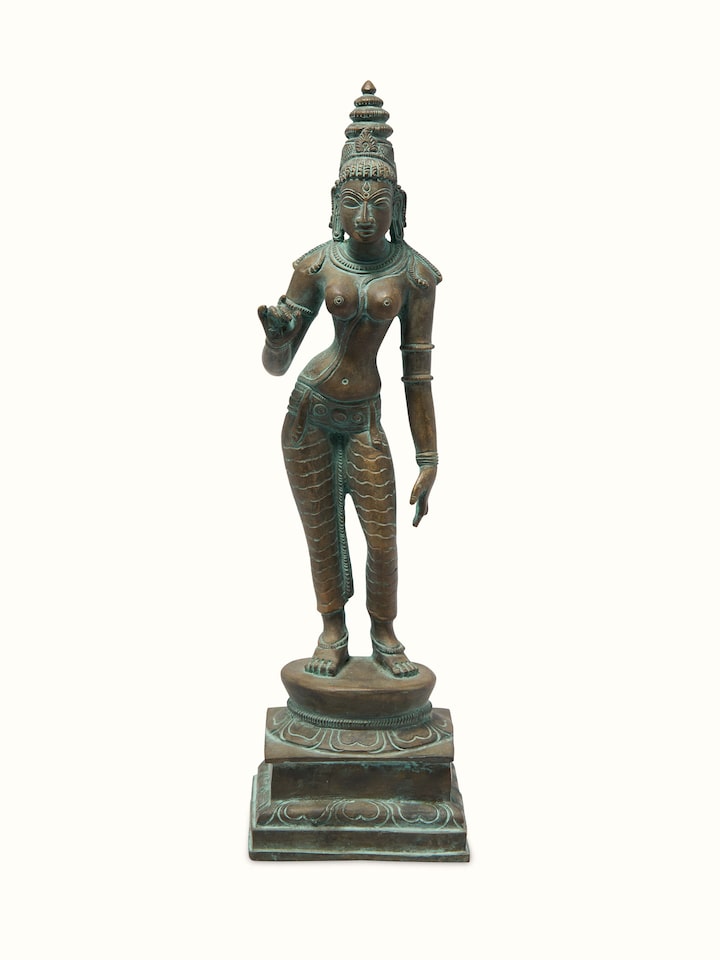 Front view of Antique Bronze Casting Goddess Parvati Idol from Swadesh, showcasing intricate detailing and antique bronze finish.