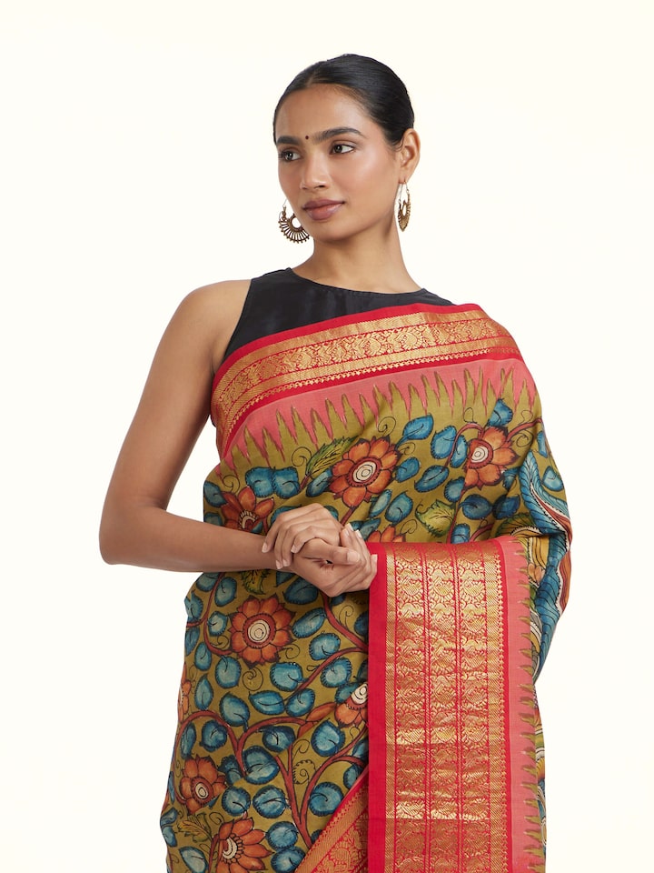 Angled view of the Silk Ikat Hand-Painted Kalamkari Saree