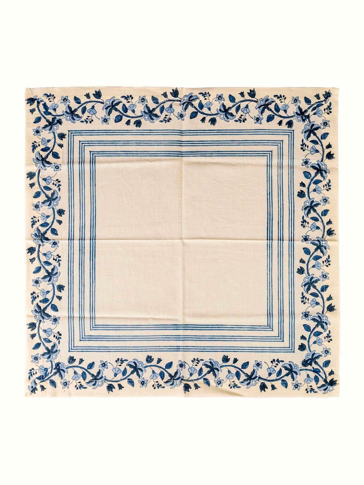 Front view of Palampore Blue Hand Block Sanganeri Print Cotton Linen Dinner Napkin (6 Pcs) showing the full piece and pattern