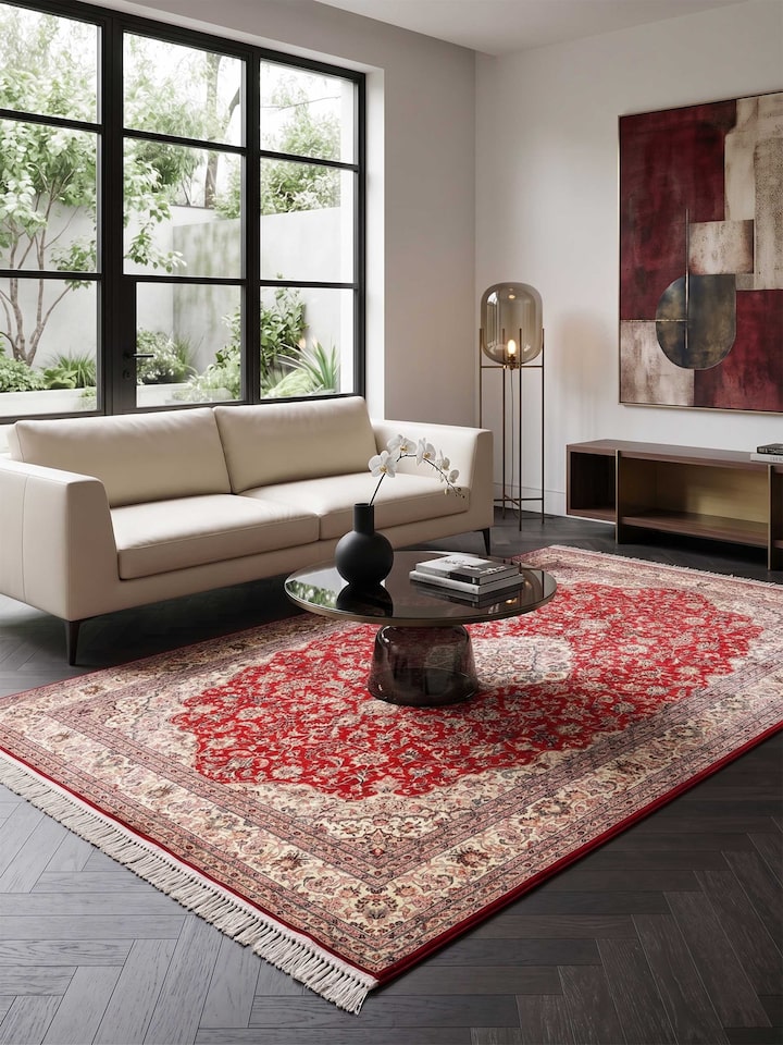 Styled view of Traditional Persian Red Ivory Kashan Kashmir Silk Hand-Knotted Carpet styled in a room setting