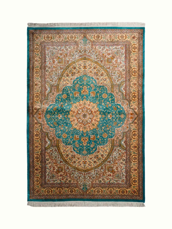 Front view of Traditional Persian Blue Tabriz Kashmir Silk Hand-Knotted Carpet showing the full rug and pattern layout