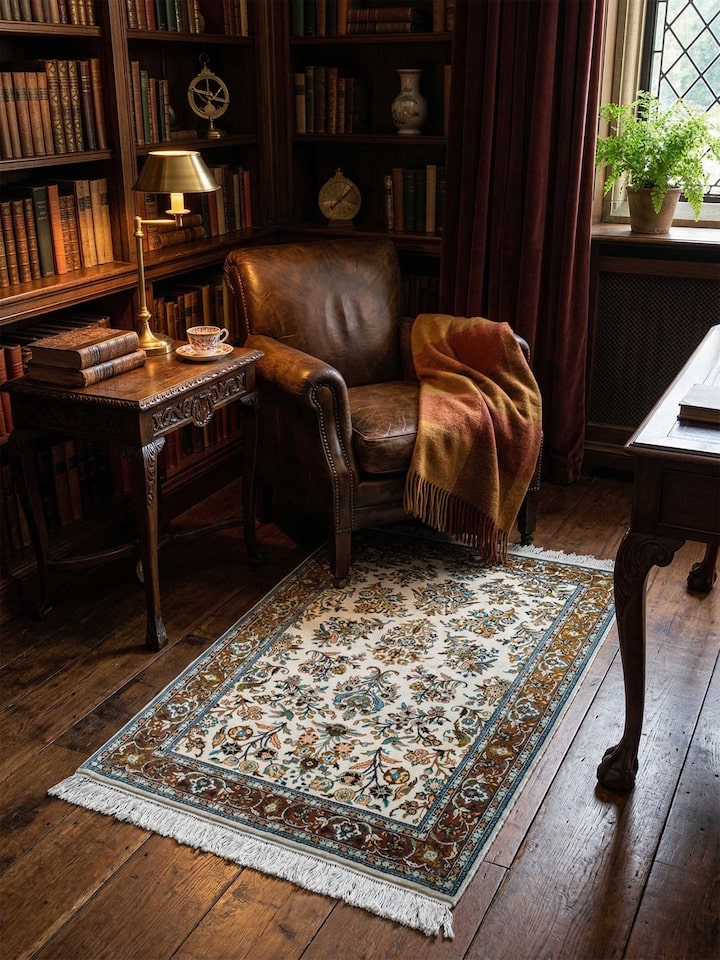 Lifestyle view of the Traditional Persian Ivory Mahal Kashmir Silk Hand-Knotted Carpet