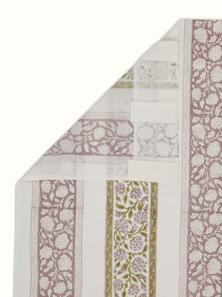 Back side view of Saha lavender floral border Sanganeri hand block printed cotton curtain