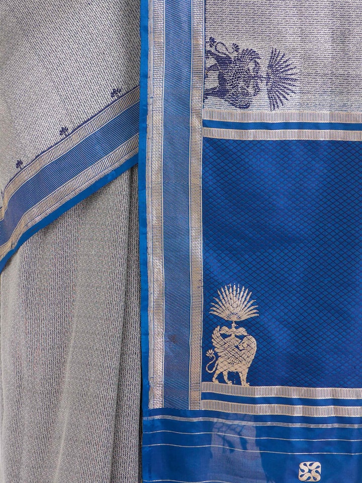 Detailed view of Navy Banarasi Brocade Silk Saree focusing on the fine craftsmanship and texture