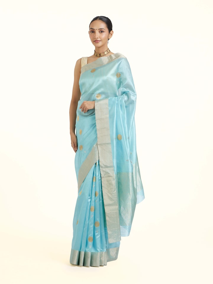 side view of teal chanderi pattu saree drape