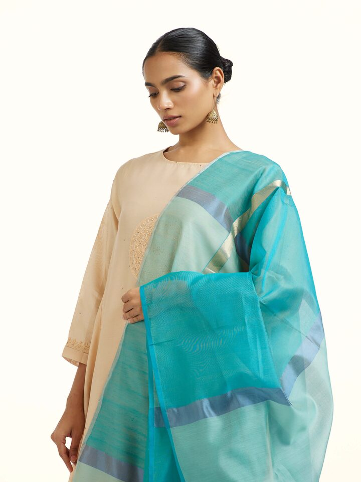 Angled view of the Blue Cotton Silk Maheshwari Zari Border Dupatta