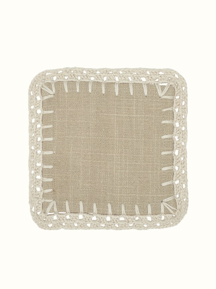Front view of Nityam Beige Cotton Slub Crochet Coaster (6 Pcs) showing the full piece and pattern