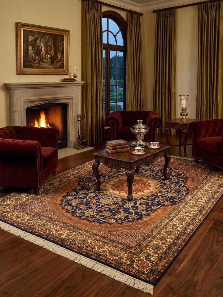 Lifestyle view of the Traditional Persian Navy Rust Isfahan Kashmir Silk Hand-Knotted Carpet