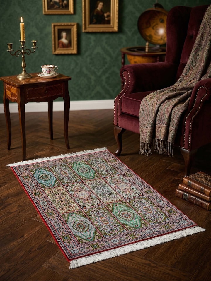 Lifestyle view of the Traditional Persian Green Gum Kashmir Silk Hand-Knotted Carpet