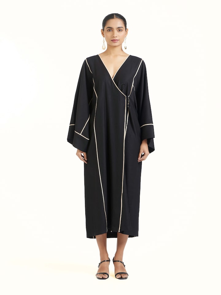 Front view of black shibori kimono dress with traditional resist-dye patterns
